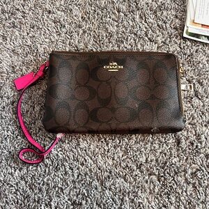 Coach Brown Wristlet with Pink Accent - signs of wear and tear